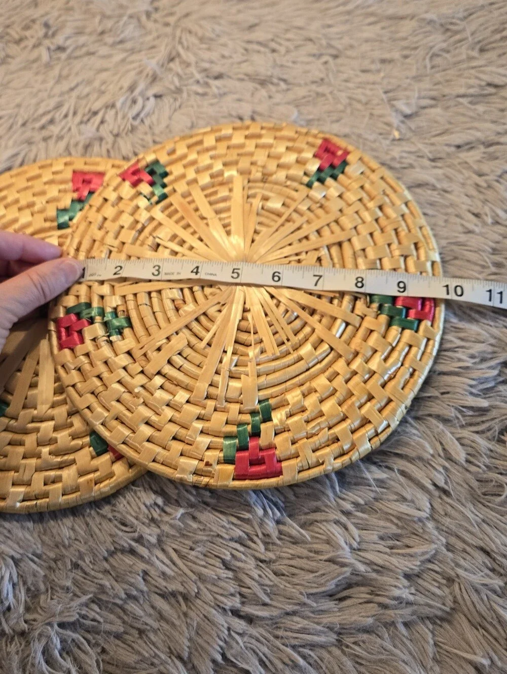 Vintage Trivets Handwoven Round Rattan Coasters with Red & Green Accents